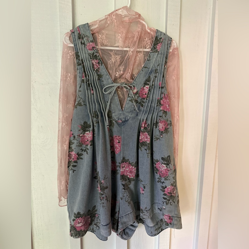 Floral Denim Romper with Pink Lace Top